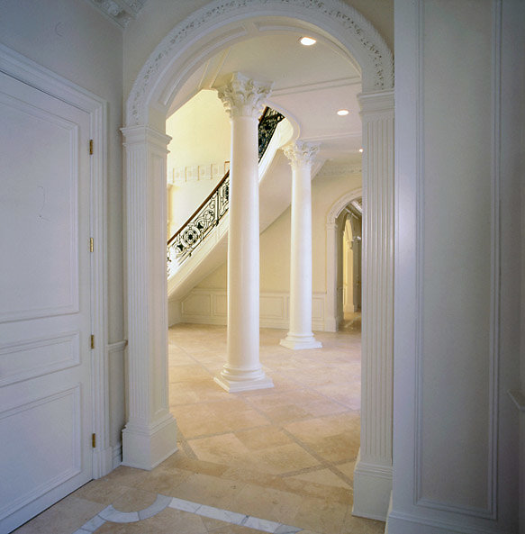 White PolyStone® Roman Corinthian Columns in Foyer